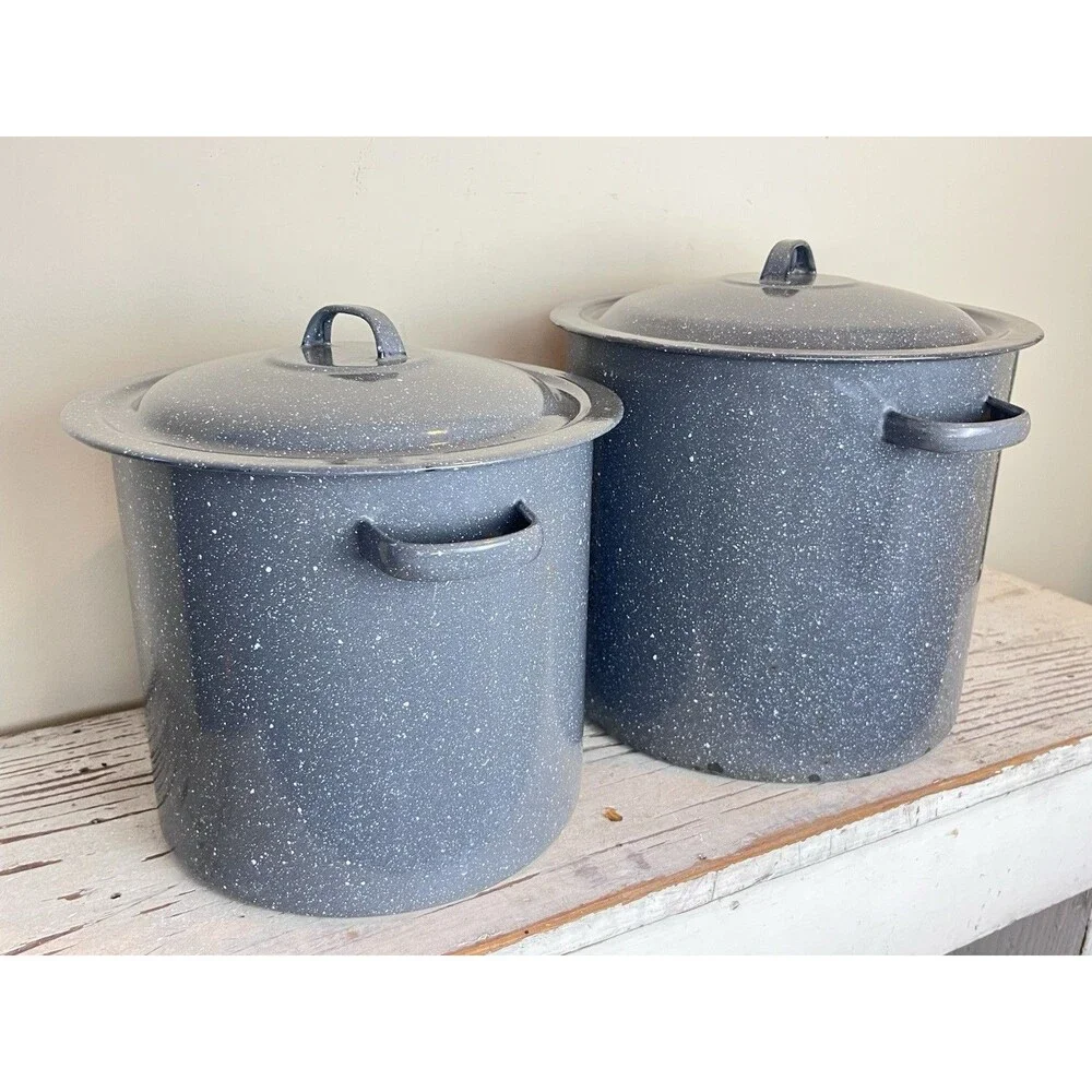 Vintage Grey Speckled Enamelware Set Of Nesting Stock Pots Country Home Camping